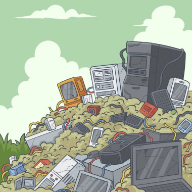 Bir kentsel tasarım karikatürü. Elektronik atık yığını bulutlu gökyüzüne zehirli gaz yayıyor. Teknolojinin sanat ve çizim yoluyla çevre üzerindeki etkisini gözler önüne seriyor.