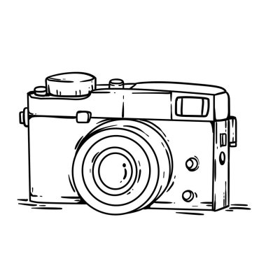 Kamera merceği, dikdörtgen şekli ve kamera ve optiğe referans gösteren beyaz bir zemin üzerine siyah beyaz bir fotoğraf makinesi.