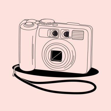 Pastel pembe arka planda kayışı olan dijital bir kameranın monokromatik çizimi. Bu sanat eseri kamera optik ve sanat unsurlarını minimalist bir tarzda birleştirir.