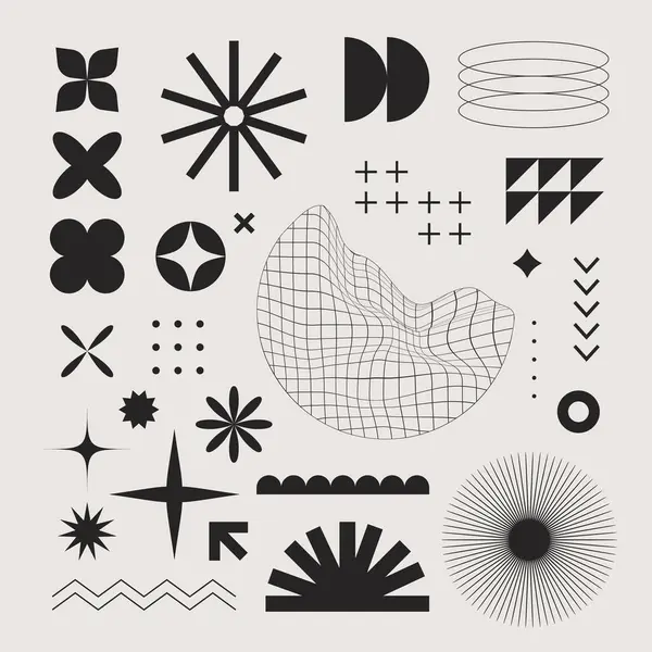 Dikdörtgenler, daireler ve çizgiler de dahil olmak üzere bir dizi tek renkli geometrik şekil, modern sanat ve grafiklerin sembolü olarak bej arkaplanda büyüleyici bir şekil oluşturur.