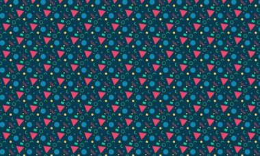 Memphis şablonunu eğlenceli geometrik elementler ve cesur soyut formlarla tekrarlamak, retro tasarım, tekstil ve yaratıcı arka planlar için idealdir..