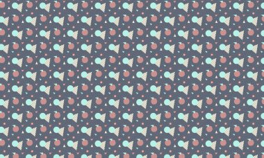 Tekrarlayan Memphis tasarımı dinamik çemberler, üçgenler ve noktalı dokular içerir. Yaratıcı arka planlar, tekstil ve retro stiller için idealdir..