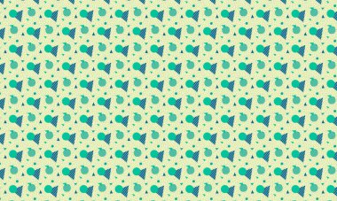 Tekrarlayan Memphis tasarımı dinamik çemberler, üçgenler ve noktalı dokular içerir. Yaratıcı arka planlar, tekstil ve retro stiller için idealdir..