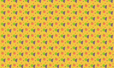 Tekrarlayan Memphis tasarımı dinamik çemberler, üçgenler ve noktalı dokular içerir. Yaratıcı arka planlar, tekstil ve retro stiller için idealdir..