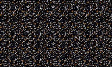 Karanlık bir arkaplanda dinamik geometrik şekiller, karalamalar ve şakacı sembollerle dolu soyut dikişsiz Memphis deseni.