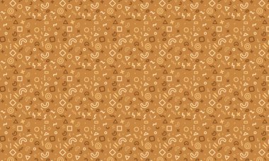 Karanlık bir arkaplanda dinamik geometrik şekiller, karalamalar ve şakacı sembollerle dolu soyut dikişsiz Memphis deseni.