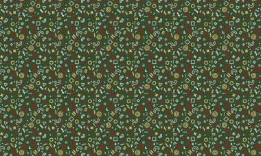 Karanlık bir arkaplanda dinamik geometrik şekiller, karalamalar ve şakacı sembollerle dolu soyut dikişsiz Memphis deseni.