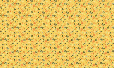 Karanlık bir arkaplanda dinamik geometrik şekiller, karalamalar ve şakacı sembollerle dolu soyut dikişsiz Memphis deseni.