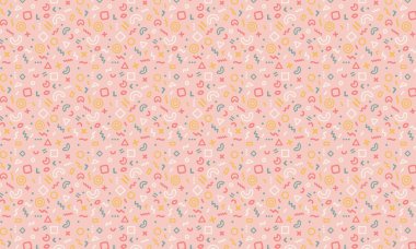 Karanlık bir arkaplanda dinamik geometrik şekiller, karalamalar ve şakacı sembollerle dolu soyut dikişsiz Memphis deseni.