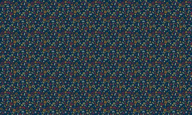 Karanlık bir arkaplanda dinamik geometrik şekiller, karalamalar ve şakacı sembollerle dolu soyut dikişsiz Memphis deseni.