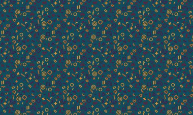 Karanlık bir arkaplanda dinamik geometrik şekiller, karalamalar ve şakacı sembollerle dolu soyut dikişsiz Memphis deseni.