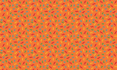 Soyut zikzak çizimleri ve köşeli şekiller içeren Memphis tarzı arka plan retro geometrik düzende tekrarlanıyor.