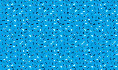 Soyut zikzak çizimleri ve köşeli şekiller içeren Memphis tarzı arka plan retro geometrik düzende tekrarlanıyor.