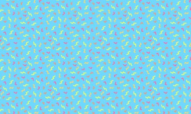 Soyut zikzak çizimleri ve köşeli şekiller içeren Memphis tarzı arka plan retro geometrik düzende tekrarlanıyor.