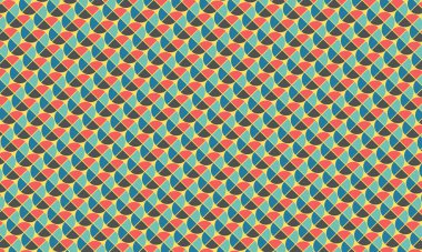 Çeyrek dairelerin soyut şablonu tekrarlanarak simetrik düzenle canlı bir geometrik tasarım oluşturuluyor.