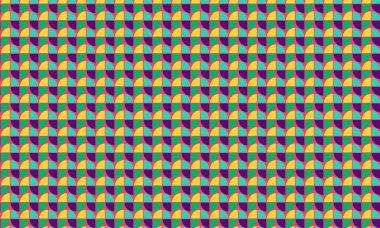 Çeyrek dairelerin soyut şablonu tekrarlanarak simetrik düzenle canlı bir geometrik tasarım oluşturuluyor.