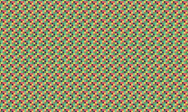 Küçük renkli karelerin yoğun yinelenen deseni köşegen bir şebekede pikselleştirilmiş, geometrik mozaik oluşturur.