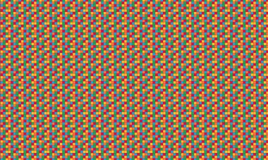 Küçük renkli karelerin yoğun yinelenen deseni köşegen bir şebekede pikselleştirilmiş, geometrik mozaik oluşturur.