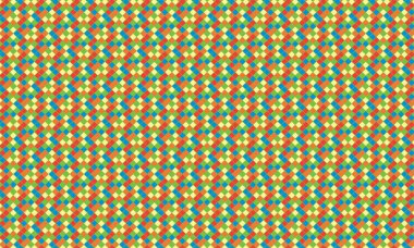 Küçük renkli karelerin yoğun yinelenen deseni köşegen bir şebekede pikselleştirilmiş, geometrik mozaik oluşturur.