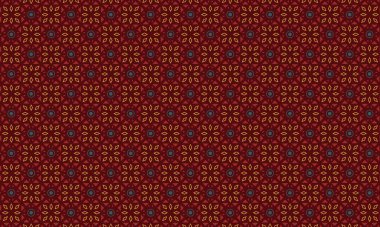 Şekillendirilmiş çiçek elementleri, dairesel aksanlar ve geometrik simetri içeren kusursuz batik desen, tekstil ve geleneksel tasarım için idealdir..