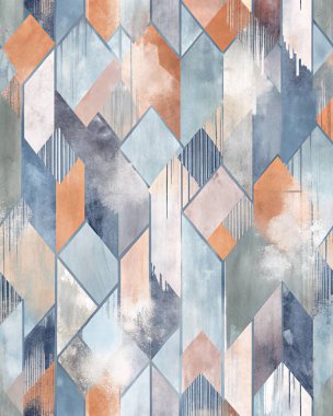 Modern geometric tile design with dusty blue-gray, terracotta, cream, and pastel lilac tones in abstract brushstroke style.