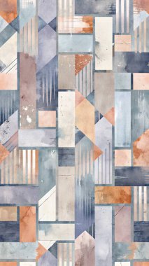Modern geometric tile design with dusty blue-gray, terracotta, cream, and pastel lilac tones in abstract brushstroke style.