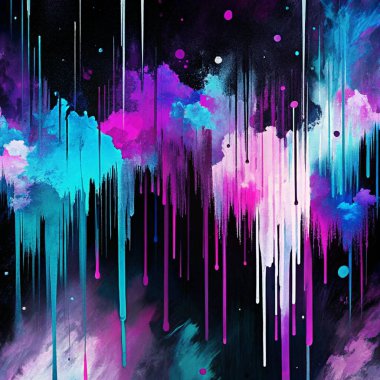 Siyah, cyan, sıcak pembe, lavanta ve çivit renkleriyle koyu fütürist soyut kompozisyon.