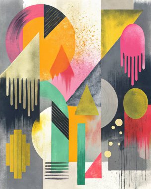 Mangal grisi, altın sarısı, morumsu, mercan turuncusu ve kireç yeşili gibi kalın şekilli canlı geometrik soyut resim. Eğlenceli, modern ve enerji dolu..