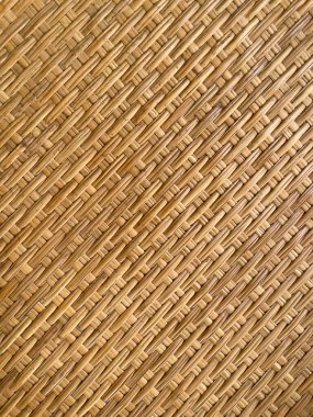 Arka plan ve doku konsepti. Örülmüş bambu derisinden yapılmış sepet tepsisinin dokusunu kapat. Sanatsal değeri olduğu kadar faydaları da olan eşsiz bir tasarımı gösteriyor..