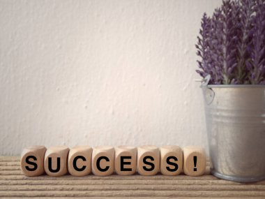 Motive edici ve ilham verici bir ifade. Tahta bloklarda SUCCESS yazıyor. Bulanık eski stil arkaplanlı.