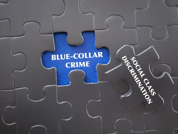 Social class and employment issues. SOCIAL CLASS DISCRIMINATION and BLUE-COLLAR CRIME written on puzzle set. With blurred styled background.