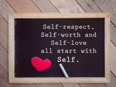 Motivational and inspirational wording. Self-reapect, Self-worth and Self-love all start with Self written on a blackboard. With blurred styled background. clipart