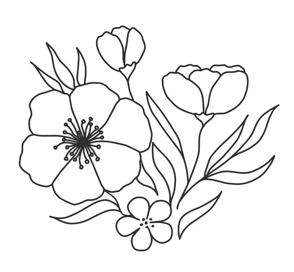 Květiny Větve Nakreslené Černou Čárou Bílém Pozadí — Stockový vektor