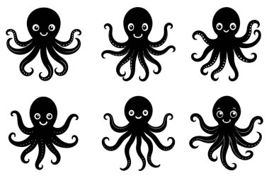 cute cartoon style silhouette octopus set