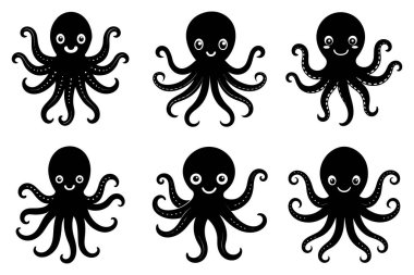 cute cartoon style silhouette octopus set