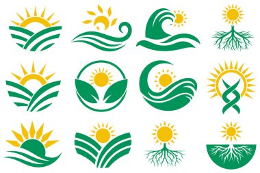 Dağların üzerinde gün batımı ikon vektör illüstrasyonunu zirve