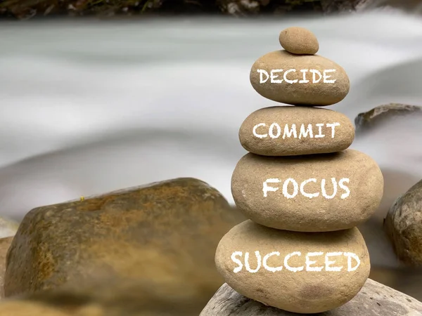 Inspirational Motivational Words Decide Commit Focus Succeed Stones Vintage Background — Stock Photo, Image