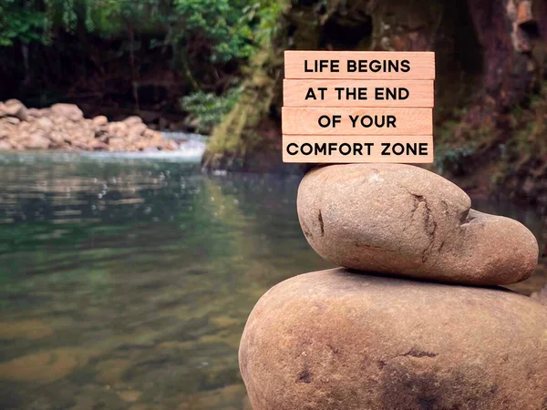 Life Begins End Your Comfort Zone Text Wooden Blocks Nature — Stock Photo, Image