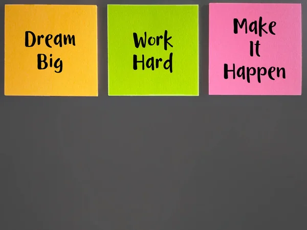 Inspirational motivational quote for success. Dream big work hard make it happen text on stickynote background.