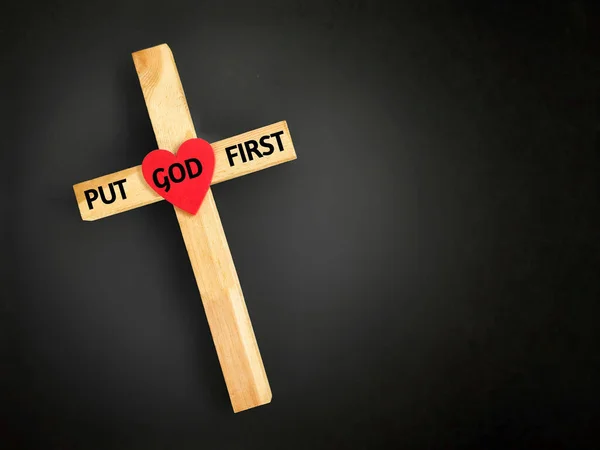 Religione Concetto Mettere God Primo Testo Con Sfondo Forma Croce — Foto Stock