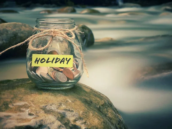 自然を背景にコインの瓶の休日のラベル 金融の概念 — ストック写真