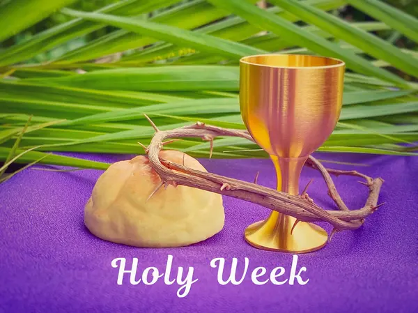Holy Week, Lent, Palm Sunday, Maundy Thursday, Good Friday, Easter Sunday Concept. Holy Week text with chalice, Crown of thorns, bread and palm leaf with purple background.