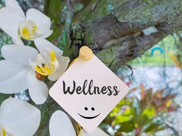 Sağlıklı Yaşam Tarzı Konsepti - Mutlu bir ikonu ve doğa geçmişi olan sağlıklı bir kelime. Stok fotoğrafı