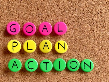 İlham verici ve motivasyonel Başarı Alıntısı - Renkli raptiye arka planında GOAL PLAN Eylemi. Stok fotoğrafı.