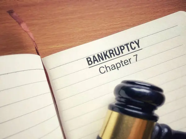 İflas bölümü, not defteri arkaplanındaki 7. metin. Stok fotoğrafı.