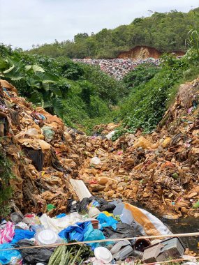 Arazi dolup taşan çöpler. Stok fotoğrafı.