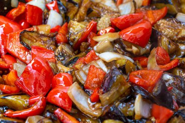 Grilled vegetable salad with zucchini, eggplant, onion, pepper and tomato