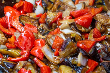 Grilled vegetable salad with zucchini, eggplant, onion, pepper and tomato