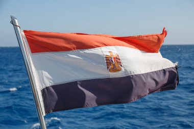 Mısır bayrağı dalgalanarak köpüklü deniz ve mavi gökyüzü arkaplanıyla kazandı. Mısır 'ın ulusal sembolü Arap Cumhuriyeti. Salahaddin 'in Mısır kartalı.