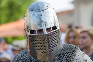 istorical restoration of knightly fights. Summer time medieval festival .Festival of medieval culture in the old fortress with knightly battles.